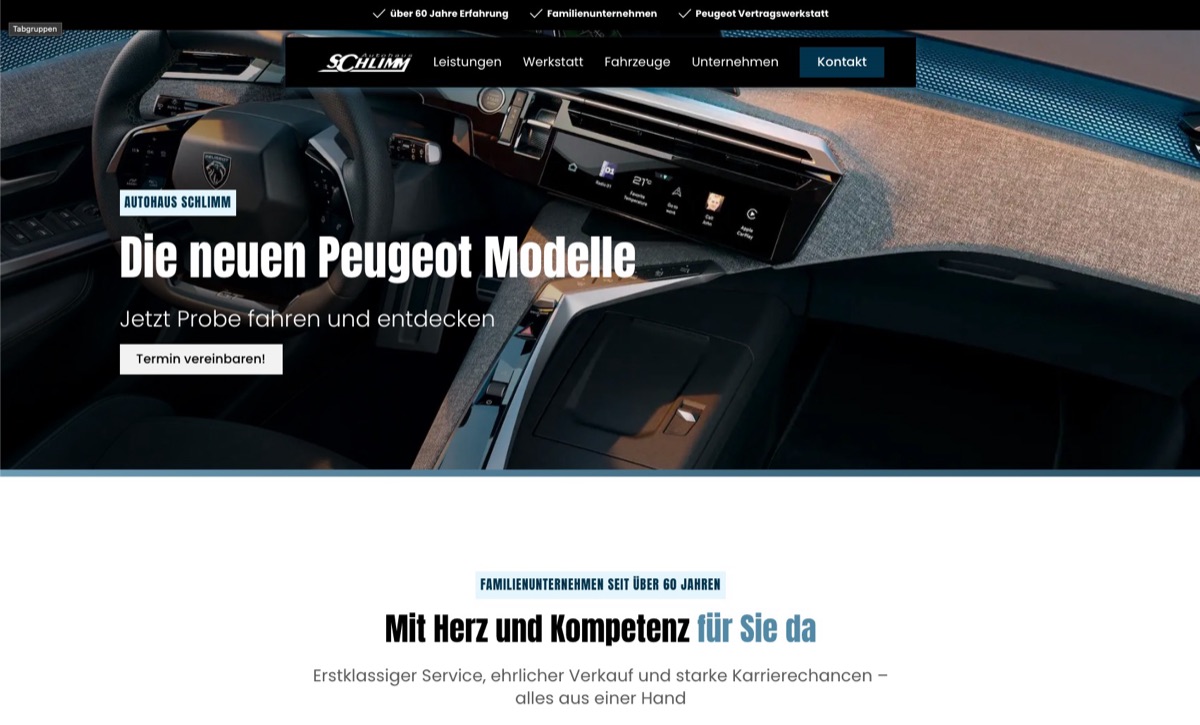 Website erstellen lassen: zum Festpreis, Angebot in 24 Stunden 1 Startseite der Website von Autohaus Schlimm, Peugeot-Vertragswerkstatt