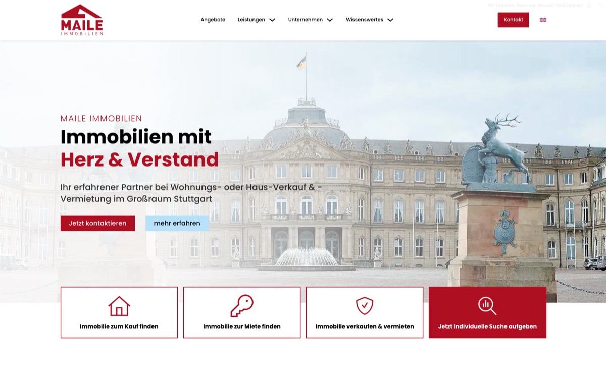 Website erstellen lassen: zum Festpreis, Angebot in 24 Stunden 2 Startseite der Website von Maile Immobilien, Makler im Großraum Stuttgart